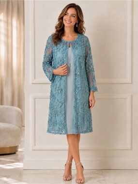 R&M Richards Size 10 Blue Embroidered Lace 2-Piece Dress & Jacket Set